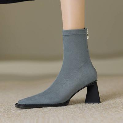 Flock Winter Square Toe Thick High Heels Zipper Stretch Boots Stovepipe Women Natural Leather Ankle Boots