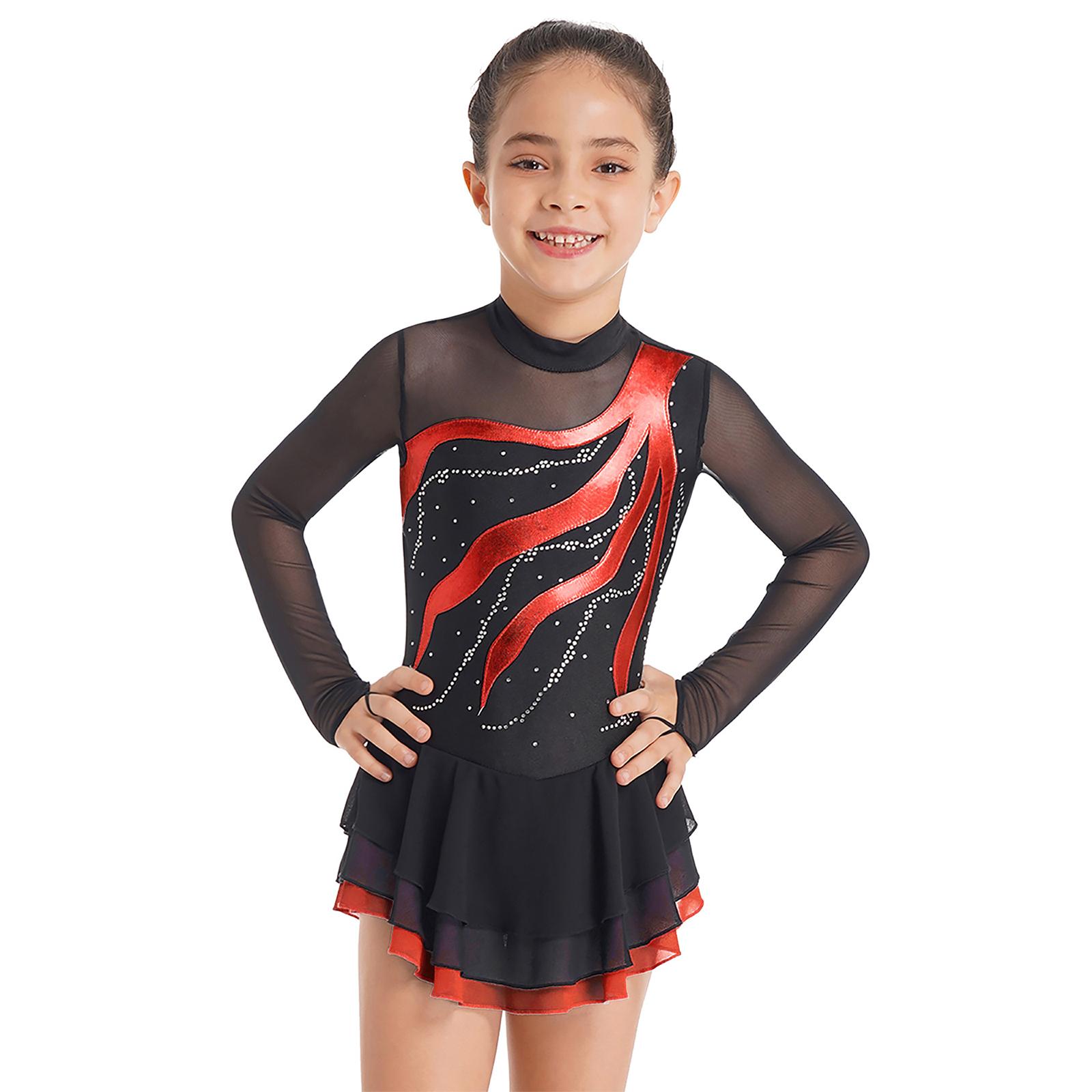 Eiskunstlauf-Langarmkleid für Kinder, Mädchen, Gymnastik, Gesellschaftstanz, Kostüm, Trainingskleidung 5-6 Years rot