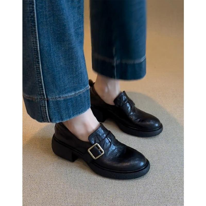 High-top One-piece Leather Buckle Shoes, New Style, Single Shoe, Women's Shoes