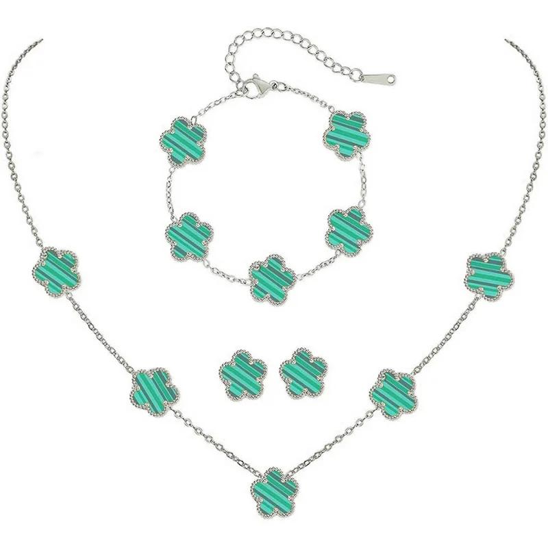 Conjunto de Joias Trevo Cor Prata para Mulheres Aço Inoxidável Hipoalergênico À Prova D'água Brincos Flor Colar Corrente Pulseira Novo