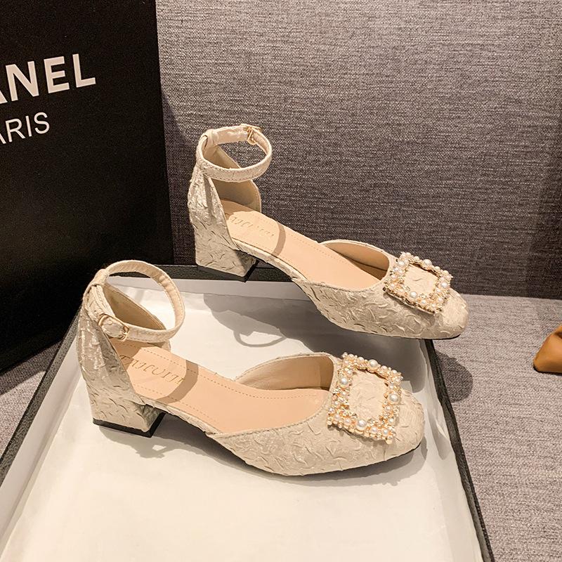 

Твидовые туфли-лодочки на высоком каблуке со стразами, женские туфли на толстом каблуке с острым носком, одинарные туфли, сандалии с открытой боковой частью, сексуальные 40