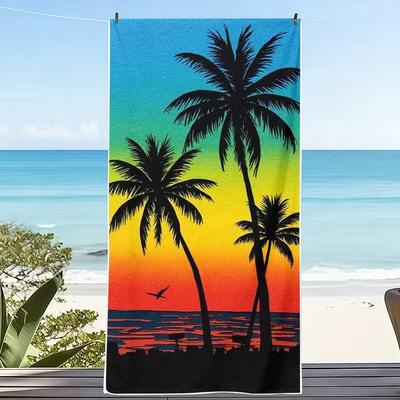 Tropical Palm Tree Beach Towel, Quick Dry Soft Cotton, Colorful Sunset & Ocean Palm Design for Summer Pool Use Bath Towel