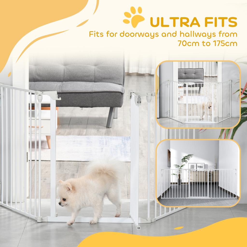 Pet Safety Gate, 3 Panels Playpen Fireplace, Foldable Metal Fence, Stair Barrier, Room Divider, Fire Guard W/ Automatic Closing Door, White