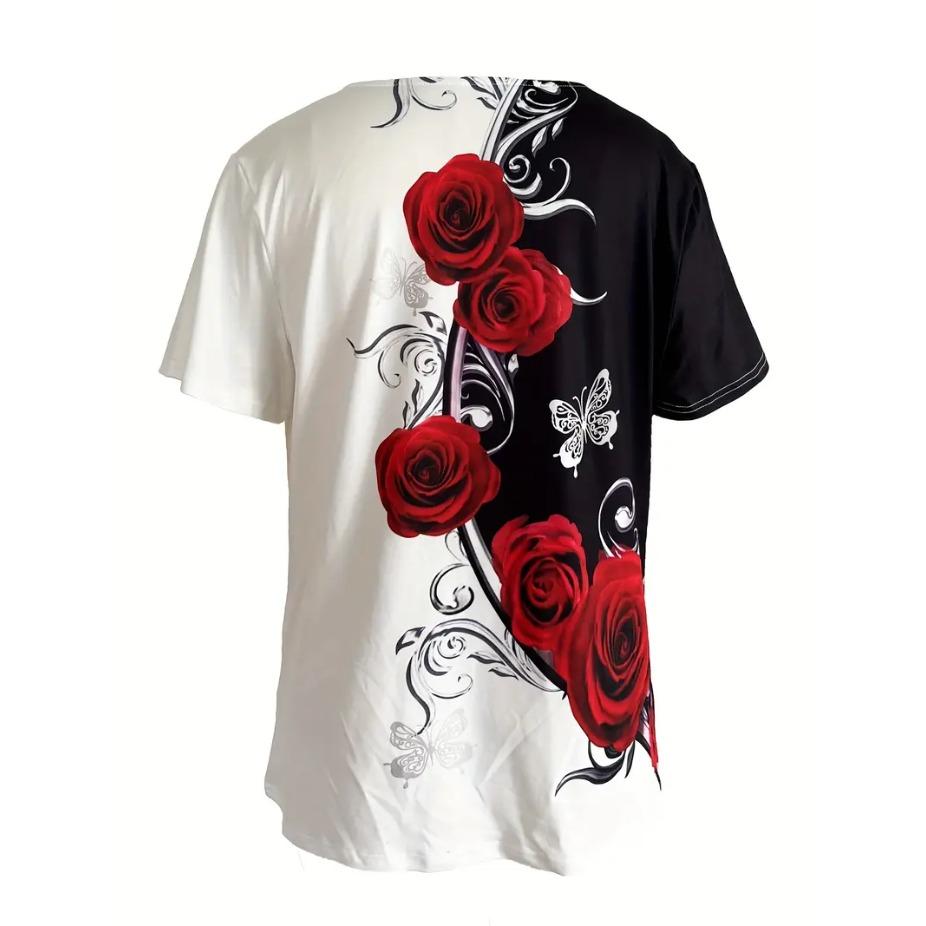 Retro Rose Print Round Neck Short Sleeved T-shirt for Women Breathable Polyester Stretch Comfortable for Everyday