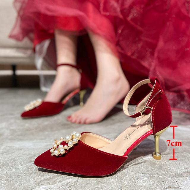 Rimocy Elegante Perlenschleife Hochzeitsschuhe Damen Kristall Knöchelriemen Dünne Absätze Pumps Damen Spitzschuh Rote High Heels Schuhe