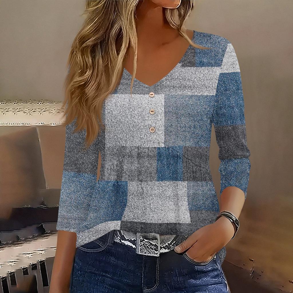 Women’s 3/4 Sleeve V Neck Button Decor Top with Geometric Print Casual Loose Fit Blouse for Daily Wear