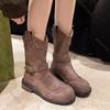 Fashion Autumn V-mouth Rivet Belt Buckle Short Boots Thick-soled Women's Retro Western Cowboy Botas Fashion Chunky Middle Heeled Shoes