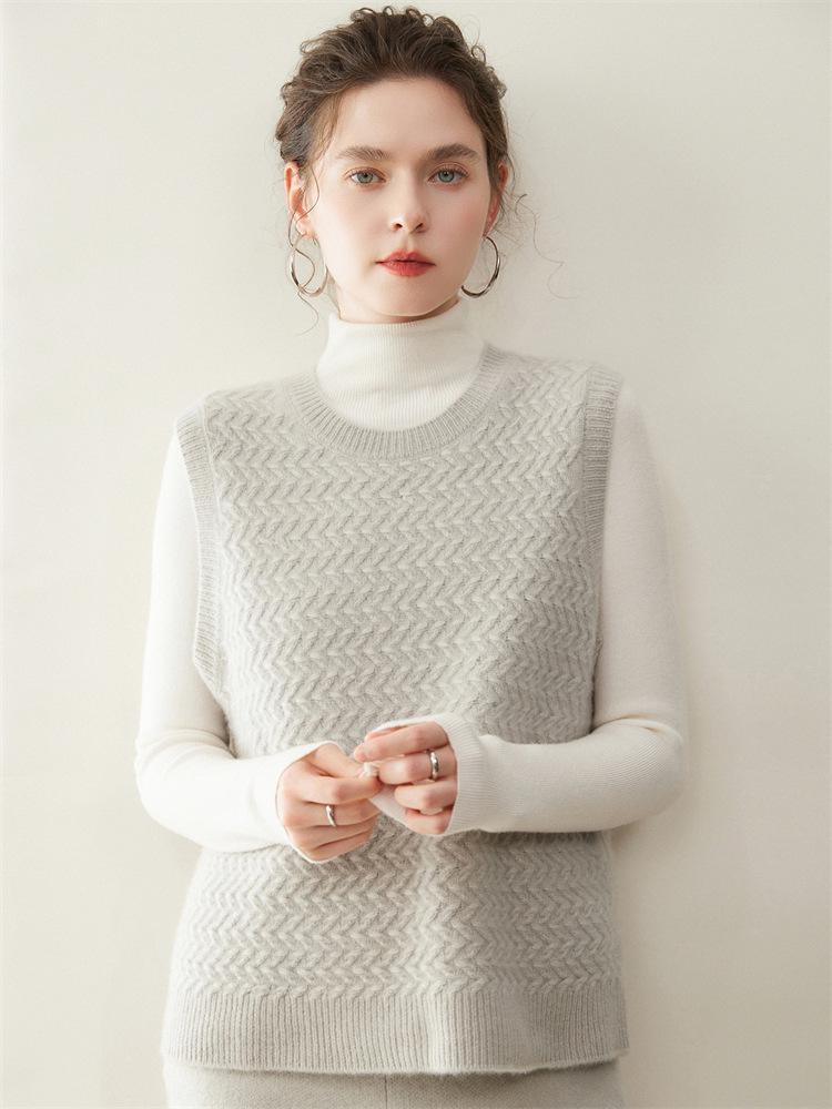 2025 Fall/Winter Women's Round Neck Cashmere Knit Crochet Vest - Loose Pullover Layering Shrug