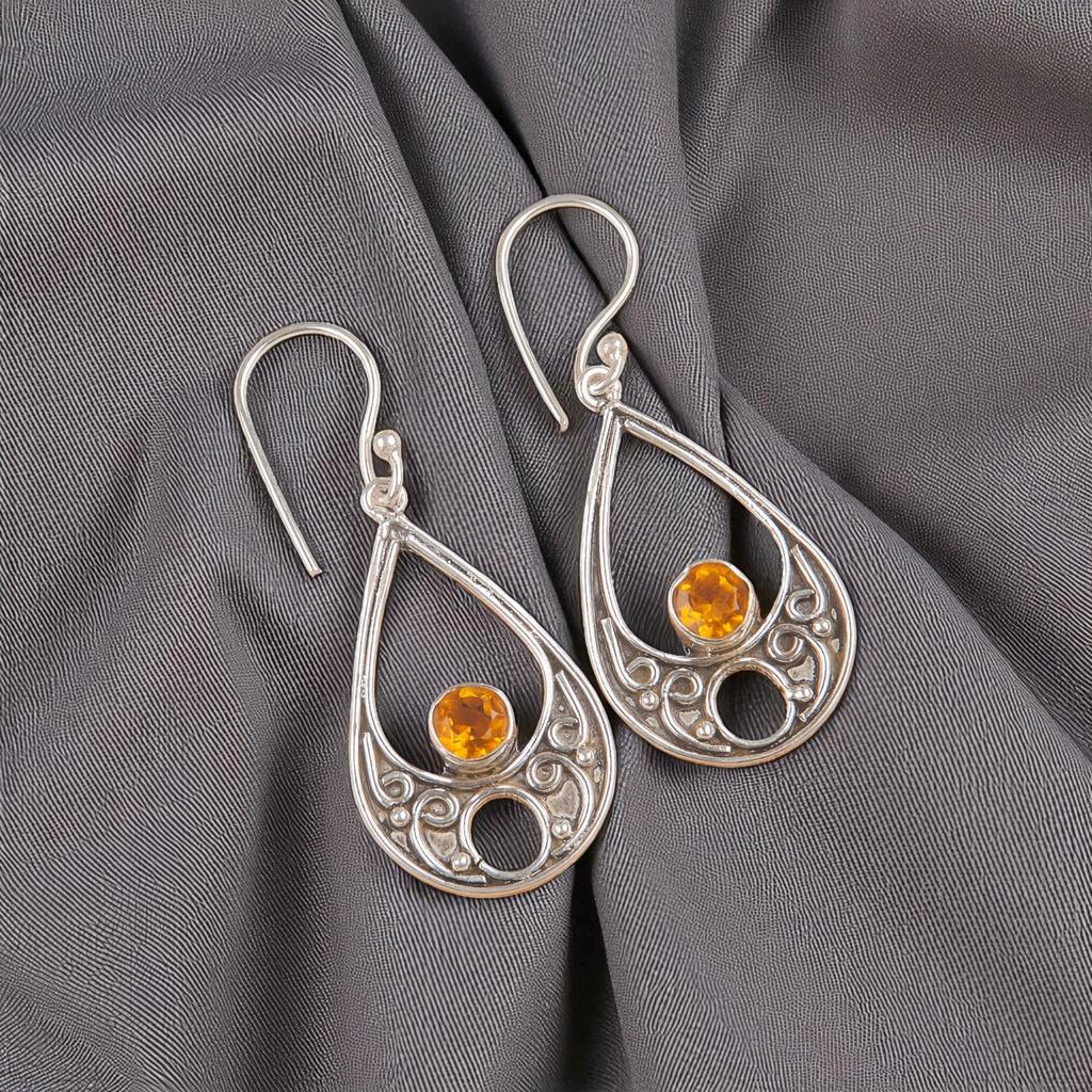 Pietra di Citrino Argento Sterling 925 Gioielli Fatti a Mano Orecchini Pendenti 1,91" EE-90-3