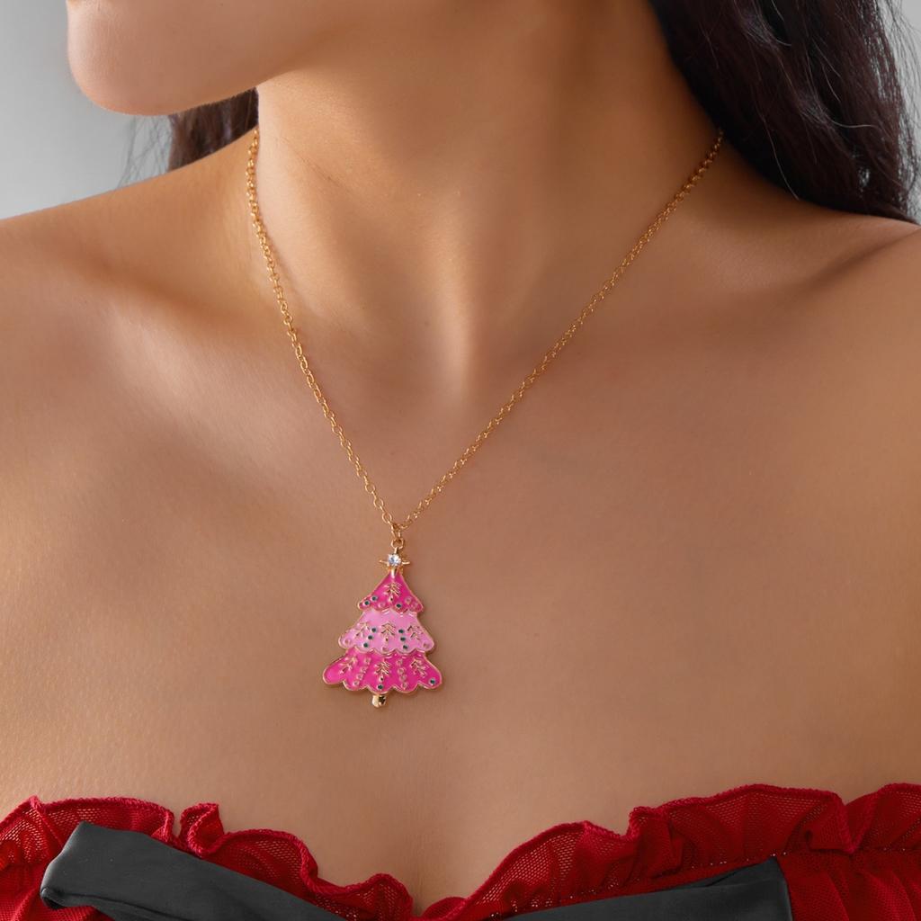 Christmas Rhinestone Star Pink Enamel Xmas Tree Drop Earrings Lovely Holiday Dangle Jewelry For Women Men Party Gift Accessories