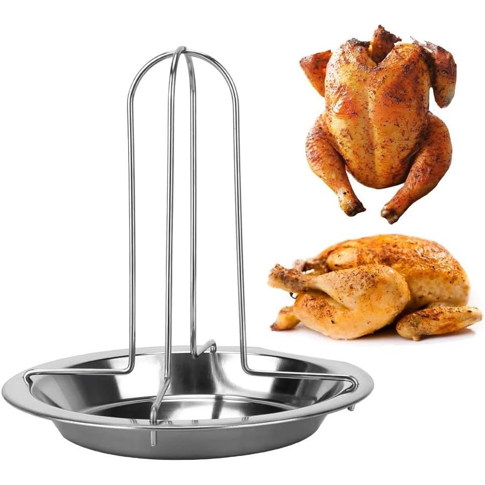 silver Stainless Steel Chicken Roaster with Oil Tray, Turkey Roaster Stand, Vertical Chicken Roaster for Kitchen BBQ, Stainless Steel BBQ Chicken