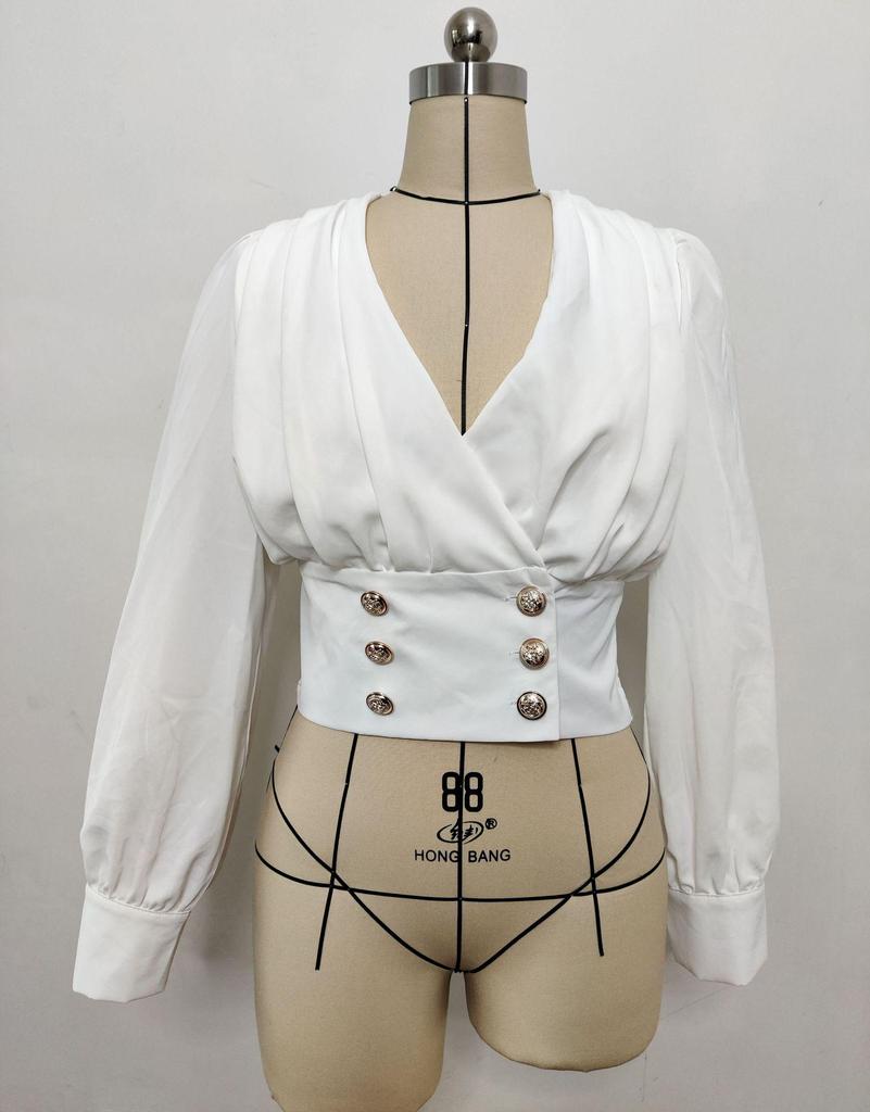 Damen V-Ausschnitt Sexy Langarm Puffärmel Einfarbig Kurzhemd