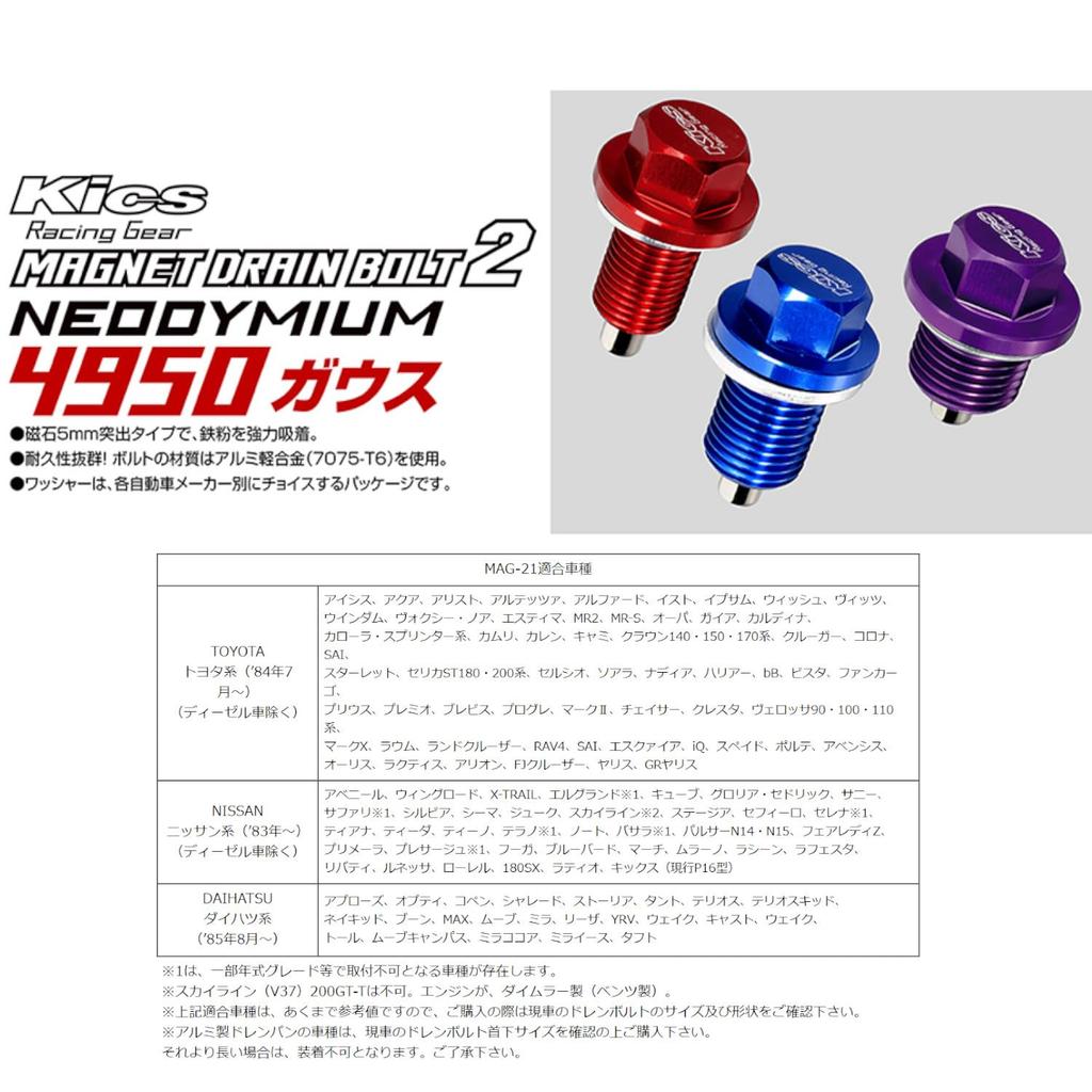 KYO-EI MAG-21 MAGNET DRAIN BOLT 2 (Magnetic Drain Bolt) 14HEX M12 P1.25 Lower Neck 20mm Alphard Red