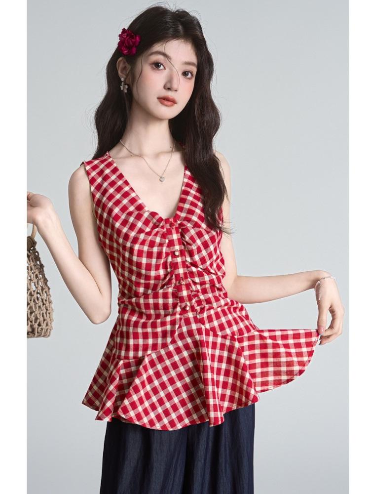 Women's Red Plaid V-Neck Sleeveless Waist-Cinching Pleated Vest - Summer 2026 Chic Style