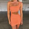 Women Summer Casua Single Shoulder Backless Drawstring Hollow Solid Color Party Dress
