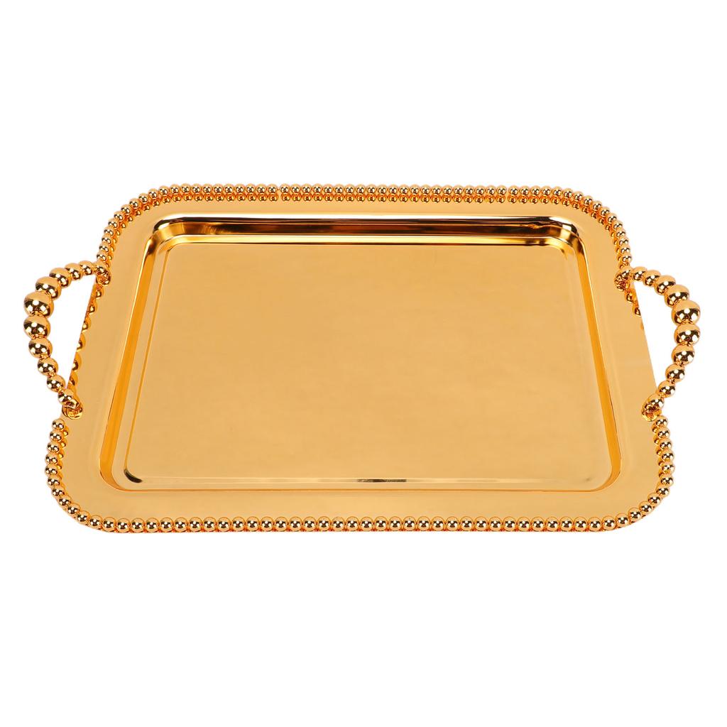 Metal Serving Tray with Beads European Decorative Rectangular Mirror Serving Platter with Handle for Table Centerpiece