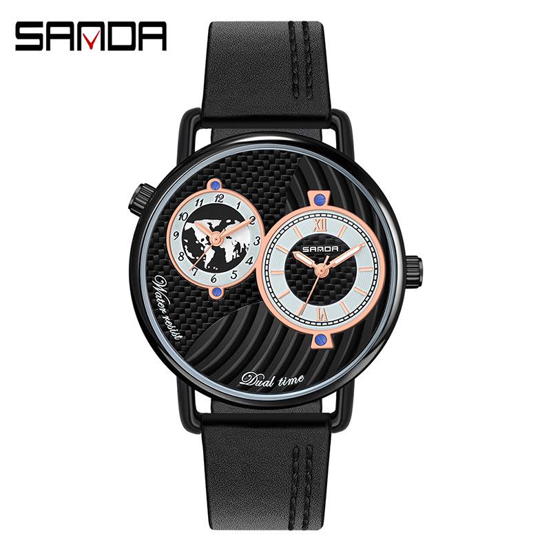 Sanda Men s Multifunction Quartz Watch with Leather Strap - Large Dial, Fashionable  Casual Design.