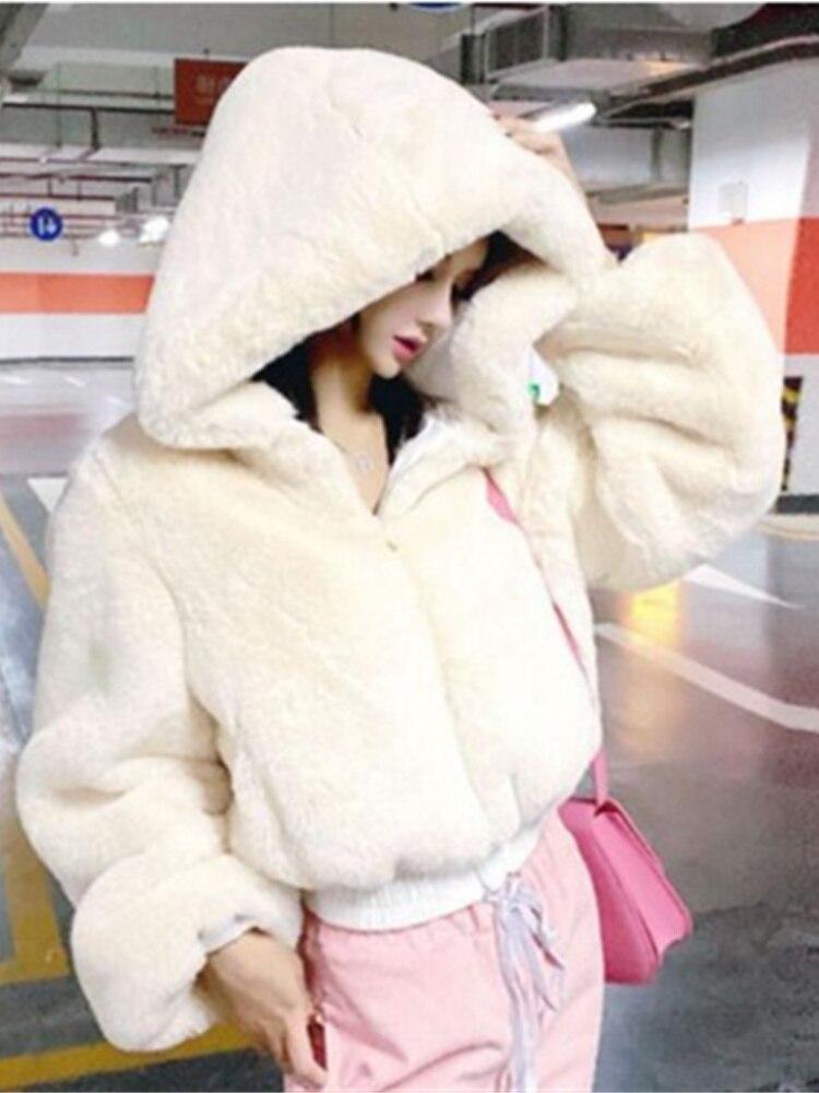 

Кардиган, флисовые парки, осень-зима, бомбер из искусственного кроличьего меха, плюшевое пальто на молнии, уличная одежда с высокой талией, пушистая плюшевая куртка с капюшоном L белый