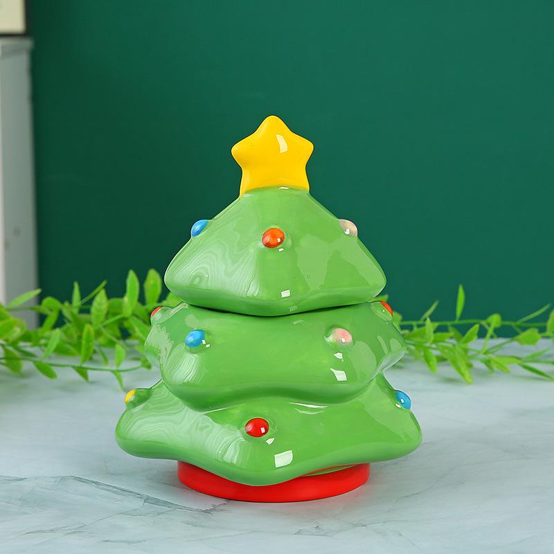 Hand-Painted Ceramic Snowman Cookie Jar, Christmas Tree Design Candy Storage Container, Holiday Kitchen Decor