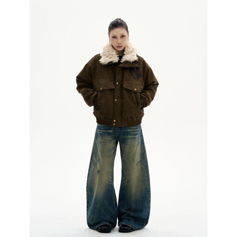 Kisko Winter American-Style Thickened Stand-Up Collar Leather Buckle Suede Jacket for Men and Women, Trendy Brand Design, Warm Cotton Coat