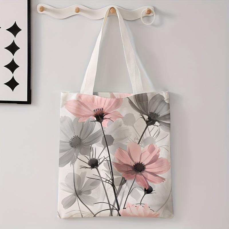 Floral Letter Pattern Printed Tote Bag Able Reusable Shoulder Bag Polyester Handbag Lightweight Casual Shopper Bag