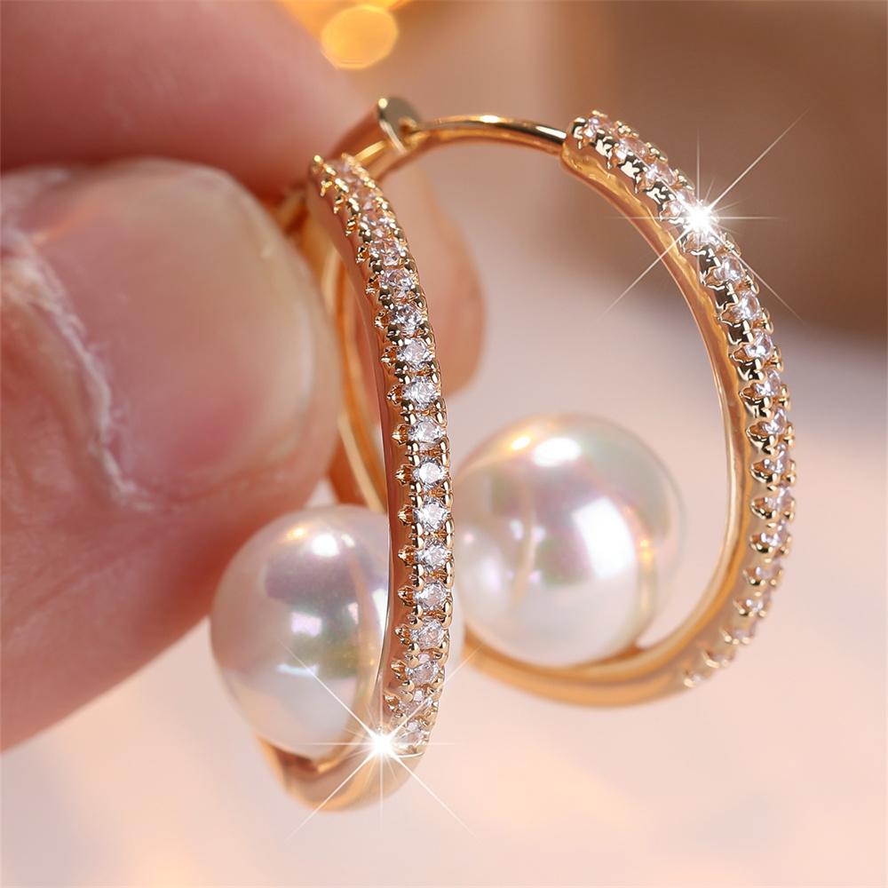White Zircon Stone Luxury Simulated Pearl Hoop Earrings For Women Vintage Gold Color Ear Buckle Wedding Jewelry Versatile Gifts