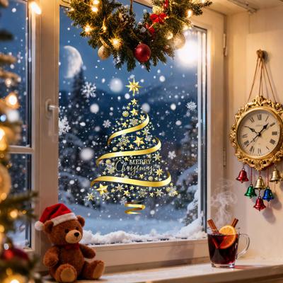 Golden Christmas Tree Window Stickers PVC Electrostatic Clings for Holiday Glass & Door Decor Reusable Decals for Living Room