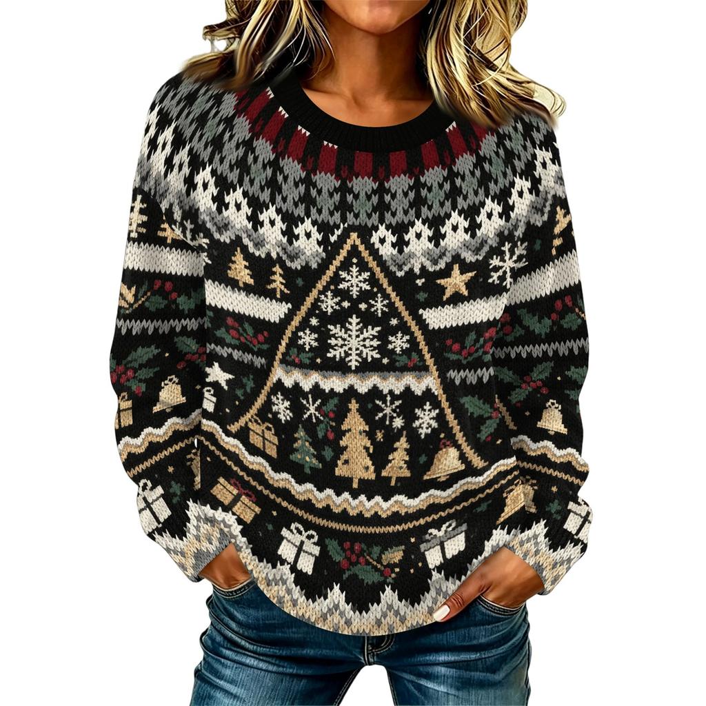 Women's Stylish Casual Long Sleeve Neck Knit Pullover Sweater with Christmas Print