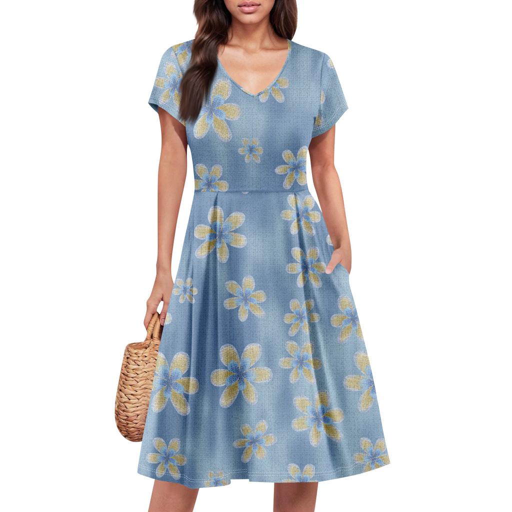 Womens Summer Dress Short Sleeve V Neck Short Dresses Fashion Casual Flowy A Line Swing Sundress With Pocket