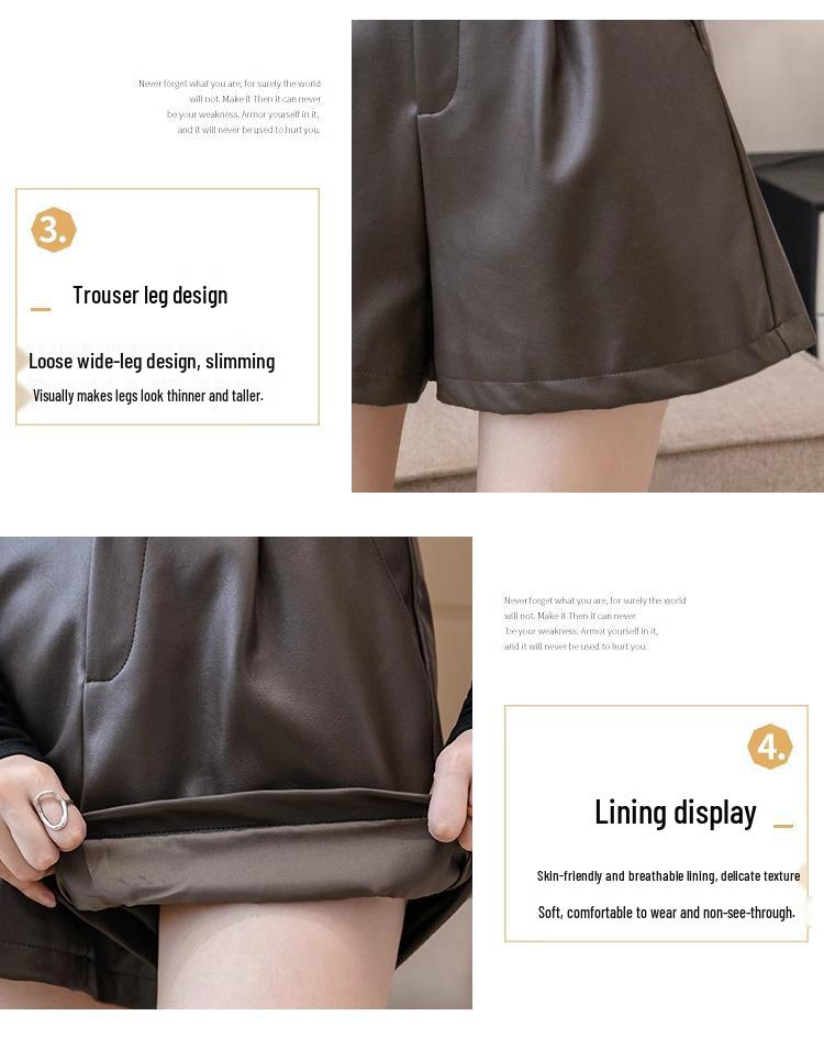 High-Waist Black PU Leather A-Line Boot Pants for Autumn/Winter 2024: Women's Casual Shorts with Loose Fit