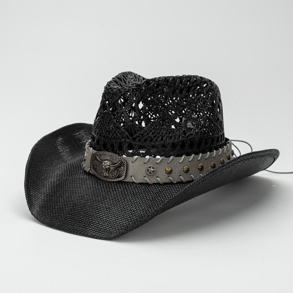 Hot-selling bull's head hat with straw hat, American retro straw woven western cowboy hat men's and women's summer beach hat