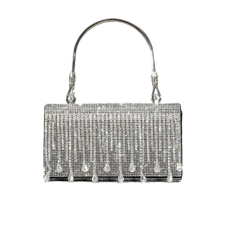 Borsa a Mano con Frange e Strass per Donna, Design di Nicchia, Borsa da Sera con Diamanti a Caldo, Borsa a Spalla/Crossbody con Manico Metallico a Cappuccio, Diamanti Scintillanti