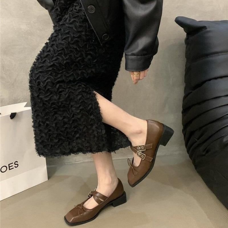 Fashion Bowtie Women Ballet Flats Shoes New Spring Square Toe Buckle Strap Lolita Footwear Fashion Casual Ladies Mary Janes Shoes