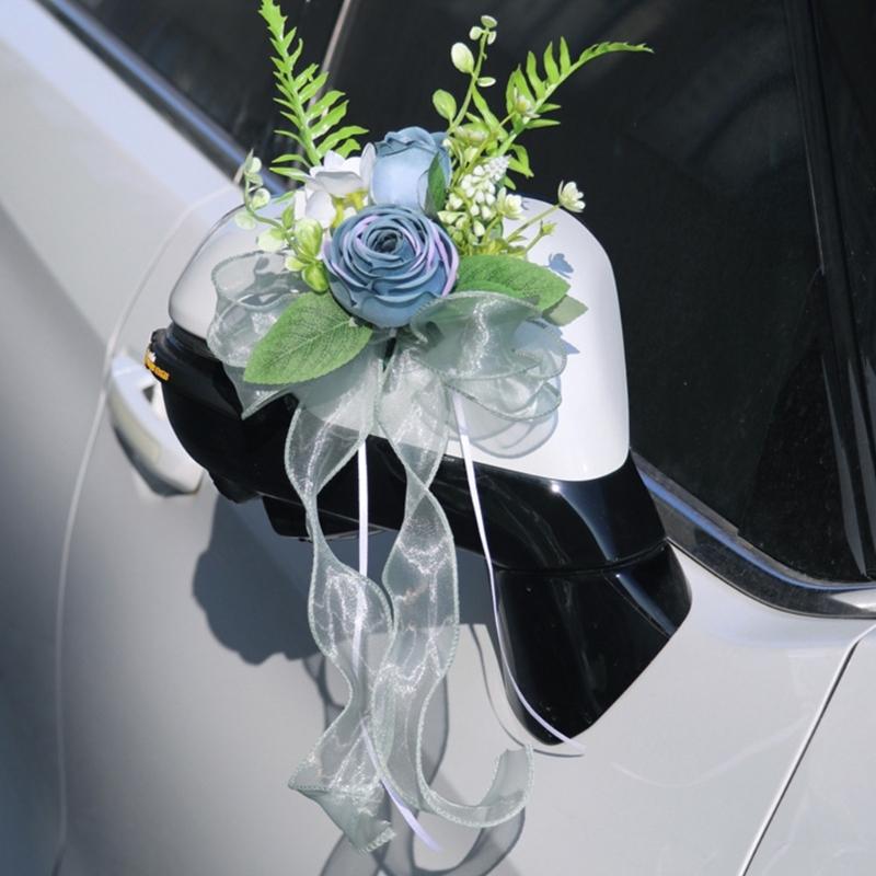 Elegant Blue Bridal Car Mirror Plant Ornament Synthetic Cloth Arrangement For Outdoor Wedding Event