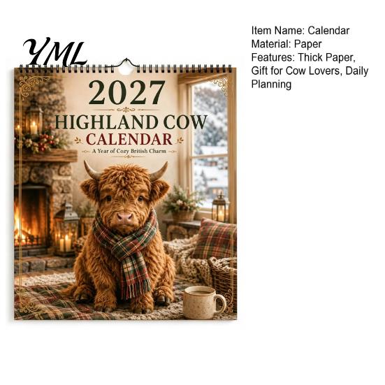 Cute Cow Theme Calendar 2027 Highland Seasons Calendar, 12-Month Desk Planner with Art, Desktop Appointment Thick Paper Daily Organizer for