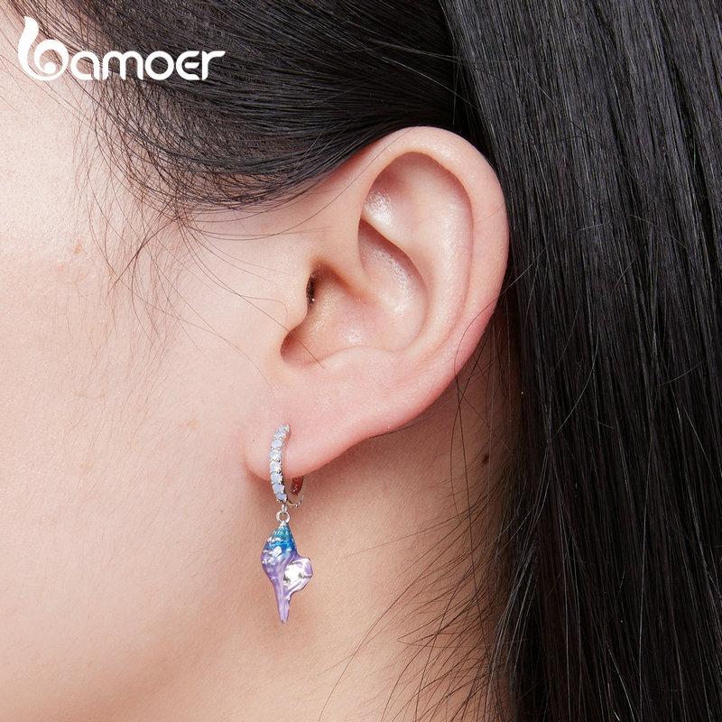 BAMOER 925 Sterling Silver Dreamy Gradual Change Blue Conch Ear Buckles Sea Shell Drop Earrings for Women Ocean Series Jewelry