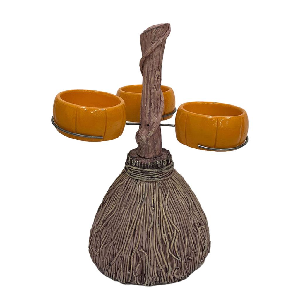 Halloween Broom Pumpkin Cup Separator Three Cups Accommodable Broomstick Snack Bowl Rack for Serving Snacks Salad Fruit