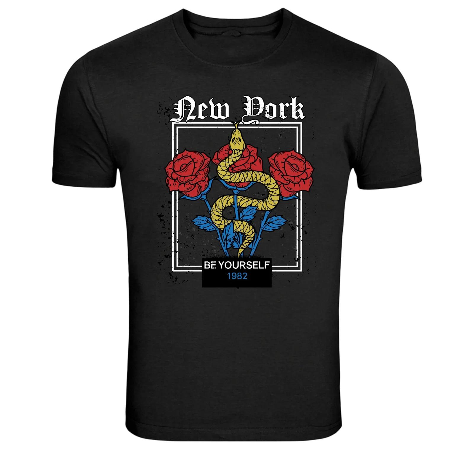 New York Snake and Roses Tattoo Style Graphic T-Shirt 1246 S