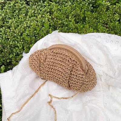 Damen Strohgewebte Tasche mit Kettenriemen Modische Umhängetasche Große Kapazität Gewebte Knödeltasche Unifarben für Outdoor-Reisen