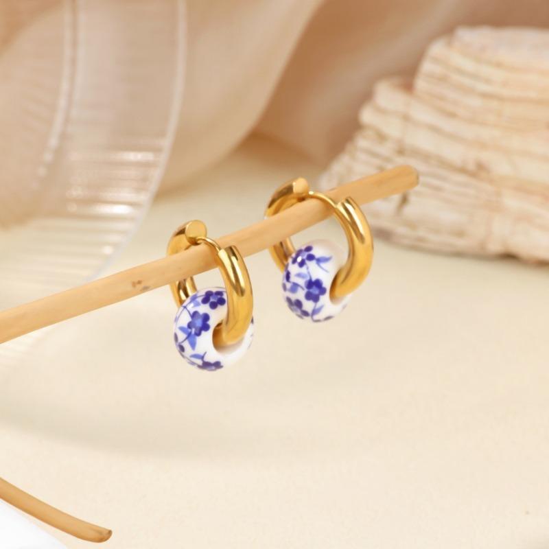 Chinese Blue and White Porcelain Ceramic Series Earrings Women's Trend Classic Temperament Versatile Round Beads Love Earrings New