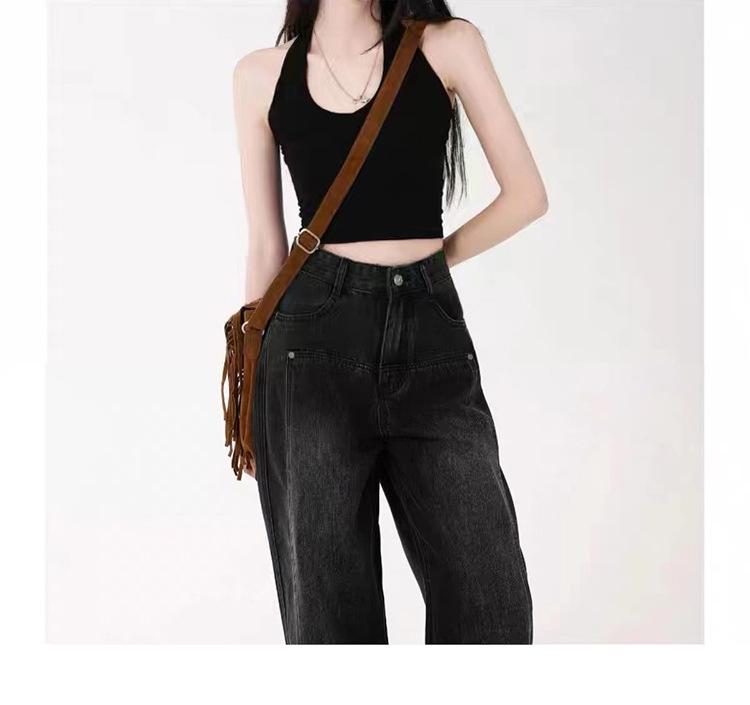 Plus Size Retro Black High-Waist Jeans for Women - Slimming, Wide-Leg, Floor-Length