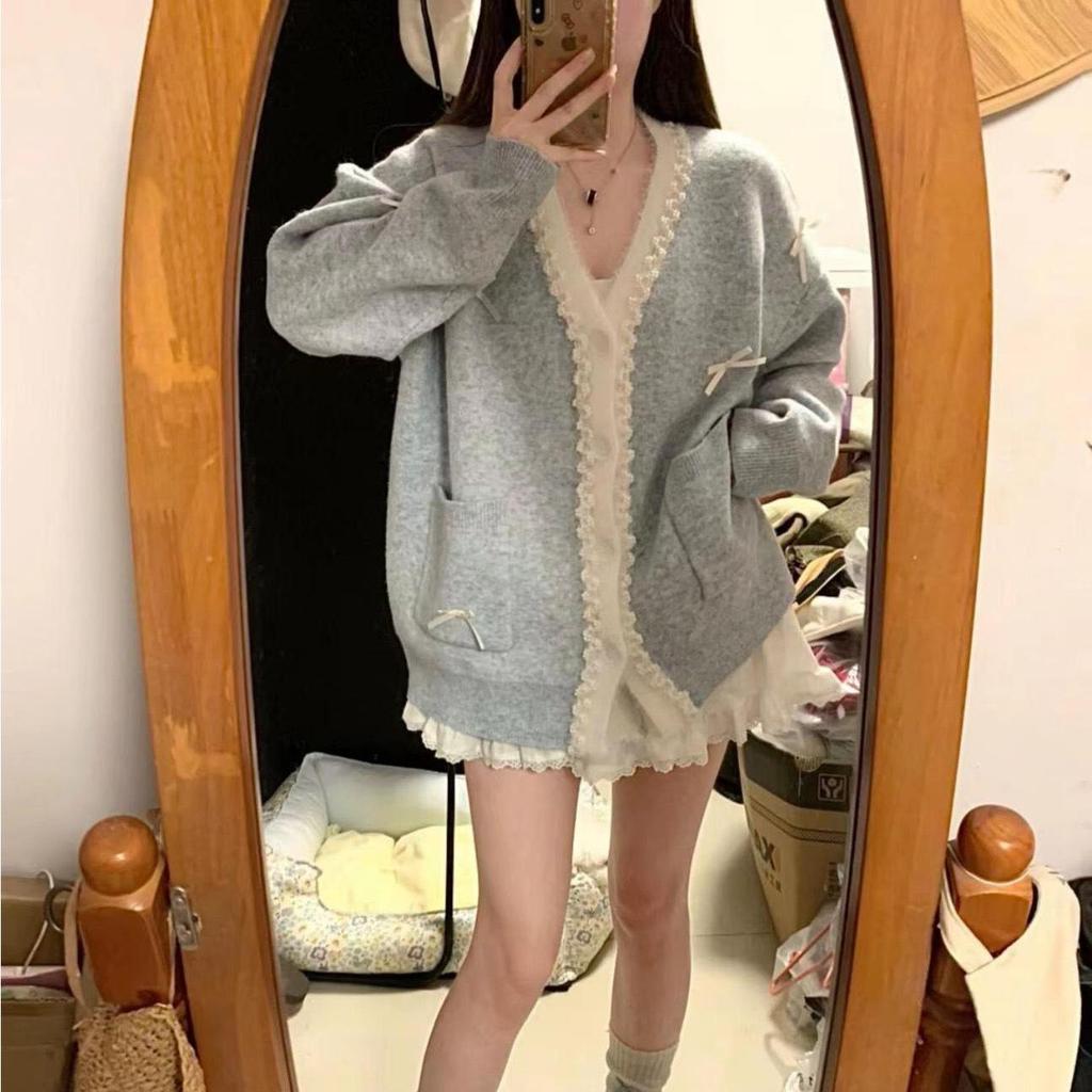 Women's Korean Style Bow Knit Cardigan - Loose Fit, Autumn/Winter 2025 Collection