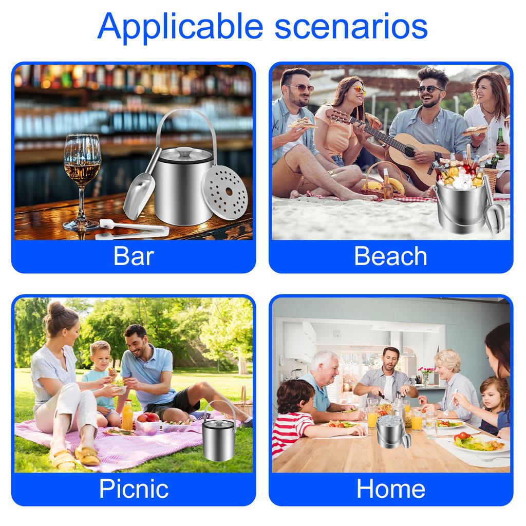 2L Ice Bucket with Handle Double Wall Insulated Ice Buckets Container Stainless Steel Ice Cube Bucket for Cocktail Bar Parties