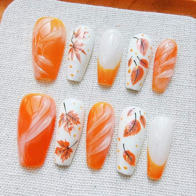 30Pcs Fall Press On Nails Medium Almond Red Maple Leaf Fake Nails with Gradient Designs Fall Leaves Stick On Nails Full Cover Autumn Acrylic Nails