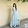 Wear More Bows In One Dress, Blue Suspender Dress, Women's Summer Design Skirt, Sweet and Spicy Waist A-word Long Dress