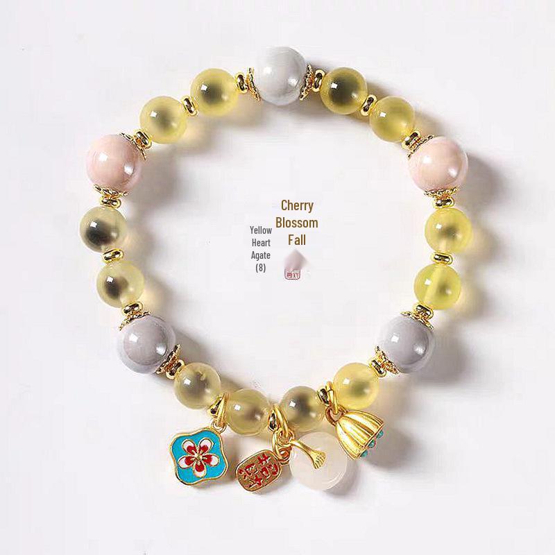 Yellow Heart Agate Ash Glaze Ceramic Bead Bracelet with Lotus Pod Pendant