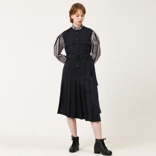 Bunderghost Jacquard Contrast Puff Sleeve Pleated Long Dress Navy