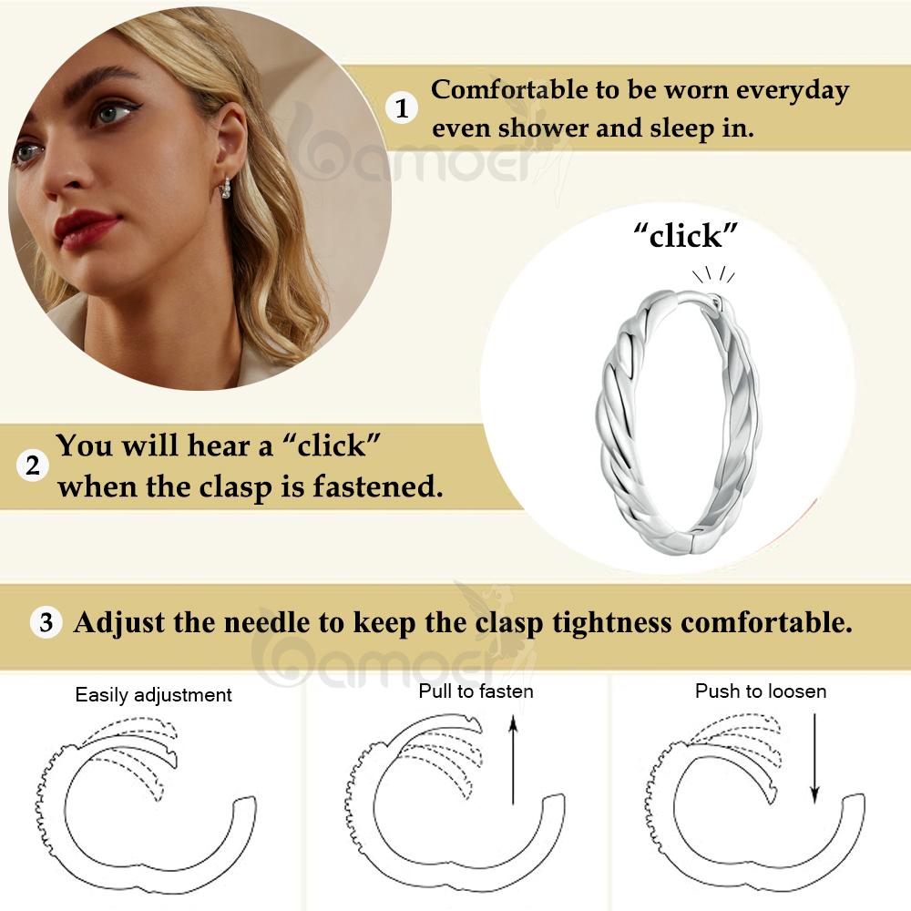 BAMOER 925 Sterling Silver Twisted Rope Huggie Earrings White Gold Plated Lightweight Round Hypoallergenic Hoop Earrings