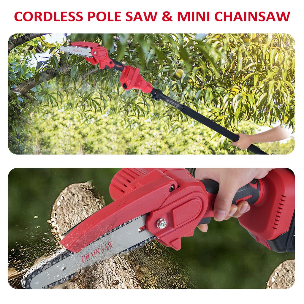 ZS2200 20V Cordless Pole Saw & Mini Chainsaw, 2in1 Electric Pole Saw with 2 Batteries and 2