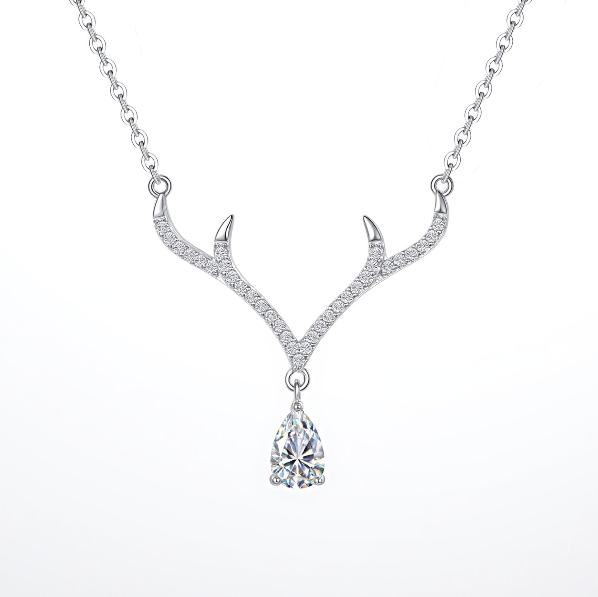 Корейский стиль S925 Стерлинговое Серебро Оленьи Рога Ожерелье - Милый Рождественский Кулон Цепочка на Ключицу S925 Sterling Silver